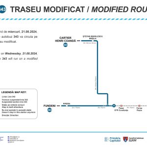 Începând de miercuri, 21.08.2024, linia 343 va funcționa pe un traseu modificat, urmând să întoarcă la sensul giratoriu amplasat la coborârea de pe Pasajul Pipera.